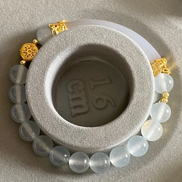 Natural White Agate & Aquamarine Half Bangle Bracelet - Handcrafted Artisan - Picture 8 of 8